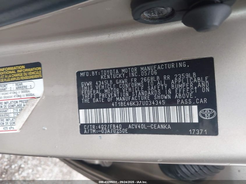 2007 Toyota Camry Le VIN: 4T1BE46K37U034345 Lot: 43299231
