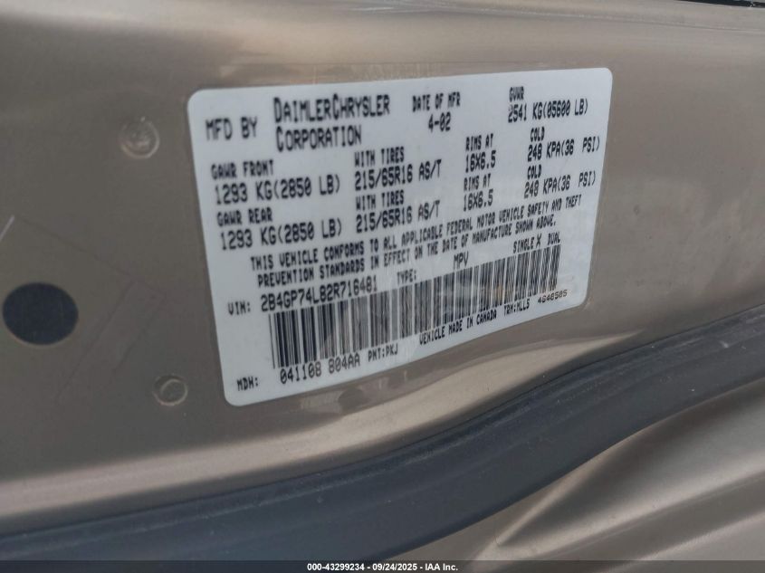 2002 Dodge Grand Caravan Ex VIN: 2B4GP74L82R716481 Lot: 43299234