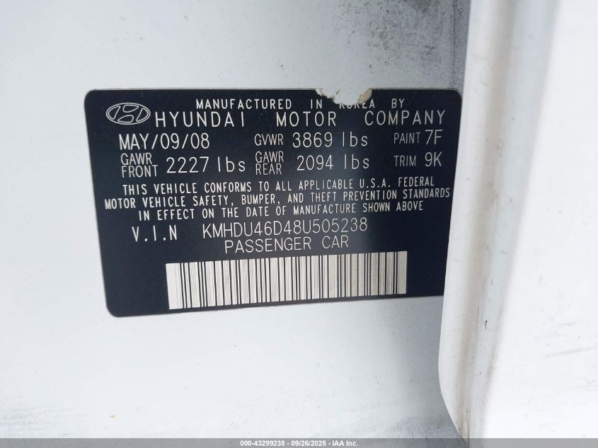 2008 Hyundai Elantra Gls/Se VIN: KMHDU46D48U505238 Lot: 43299238