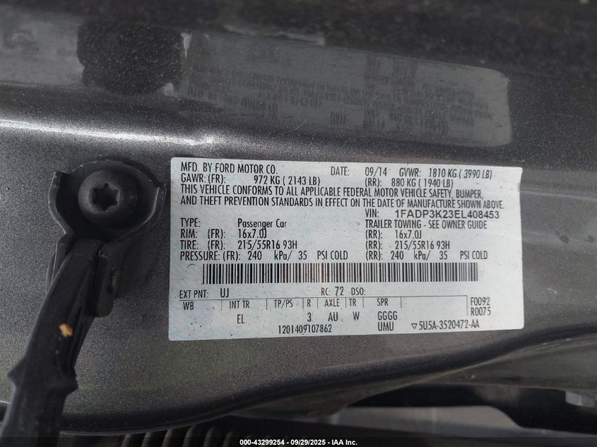 2014 Ford Focus Se VIN: 1FADP3K23EL408453 Lot: 43299254