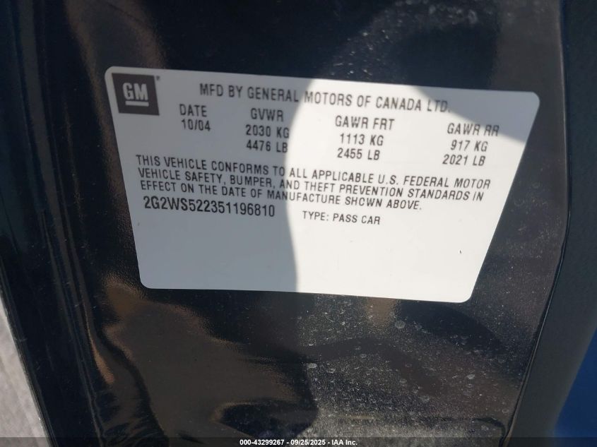 2005 Pontiac Grand Prix Gt VIN: 2G2WS522351196810 Lot: 43299267