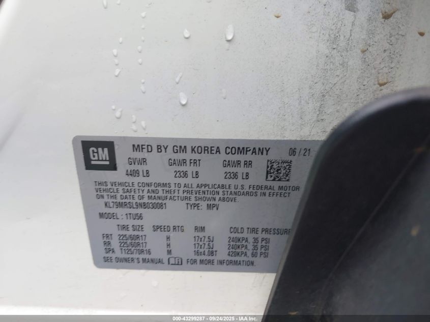 2022 Chevrolet Trailblazer Awd Lt VIN: KL79MRSL9NB030081 Lot: 43299287