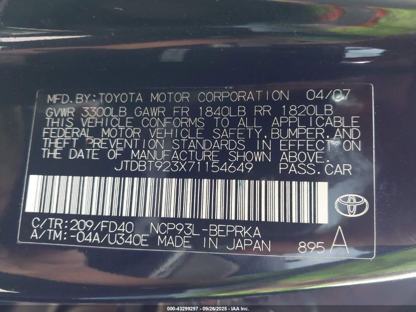 2007 Toyota Yaris VIN: JTDBT923X71154649 Lot: 43299297