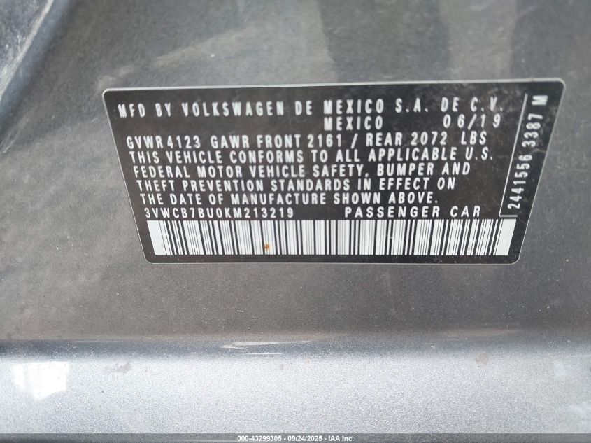 2019 Volkswagen Jetta 1.4T R-Line/1.4T S/1.4T Se VIN: 3VWCB7BU0KM213219 Lot: 43299305
