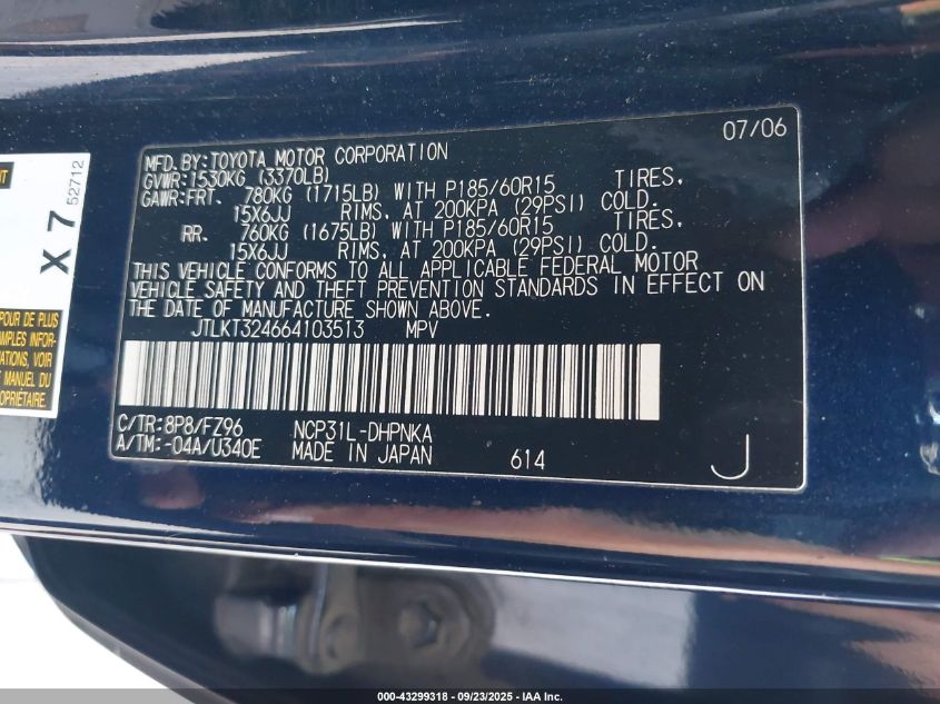 2006 Scion Xb VIN: JTLKT324664103513 Lot: 43299318