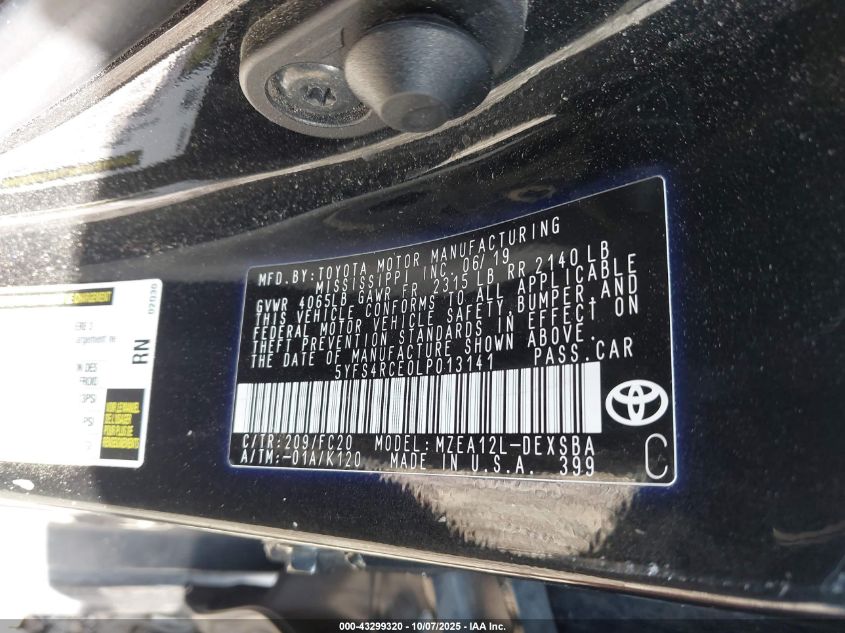 2020 Toyota Corolla Se VIN: 5YFS4RCE0LP013141 Lot: 43299320