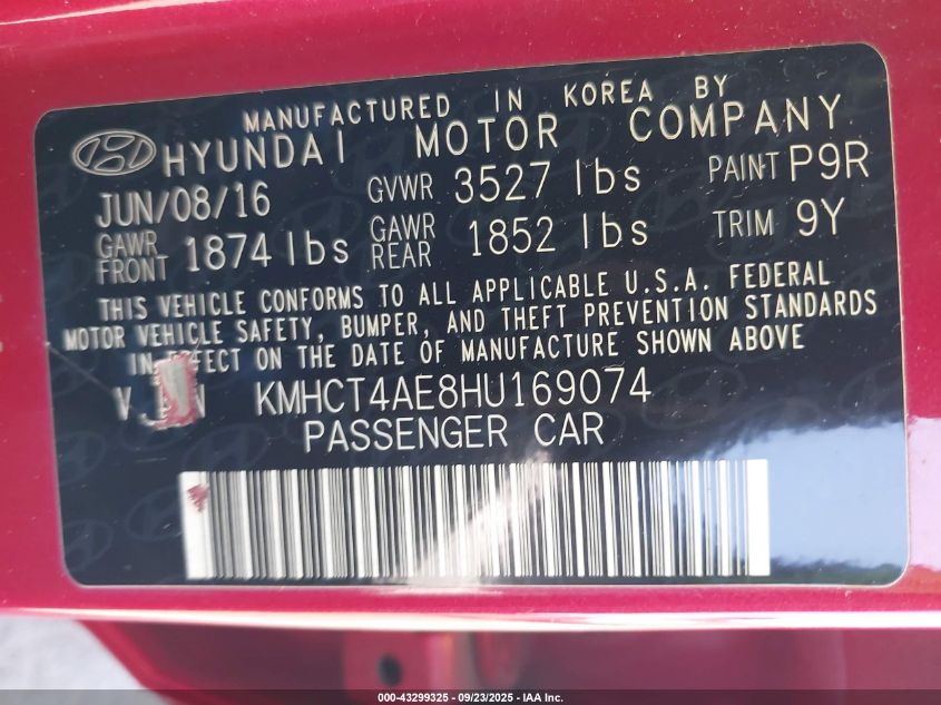 2017 Hyundai Accent Se VIN: KMHCT4AE8HU169074 Lot: 43299325