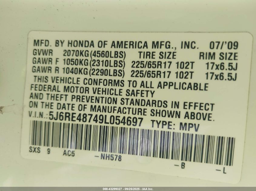 2009 Honda Cr-V Ex-L VIN: 5J6RE48749L054697 Lot: 43299327