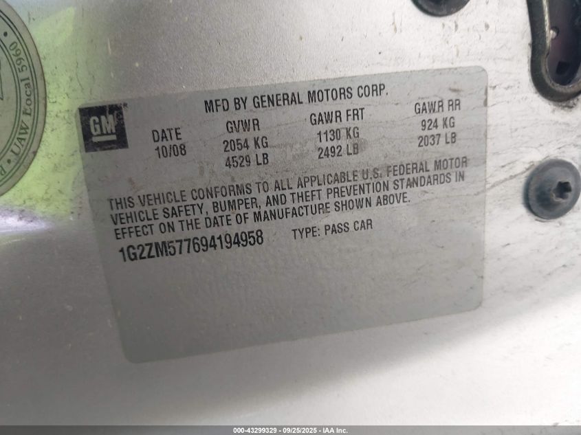 2009 Pontiac G6 Gxp VIN: 1G2ZM577694194958 Lot: 43299329