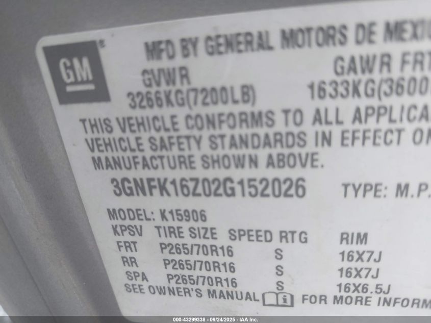 2002 Chevrolet Suburban 1500 Ls VIN: 3GNFK16Z02G152026 Lot: 43299338