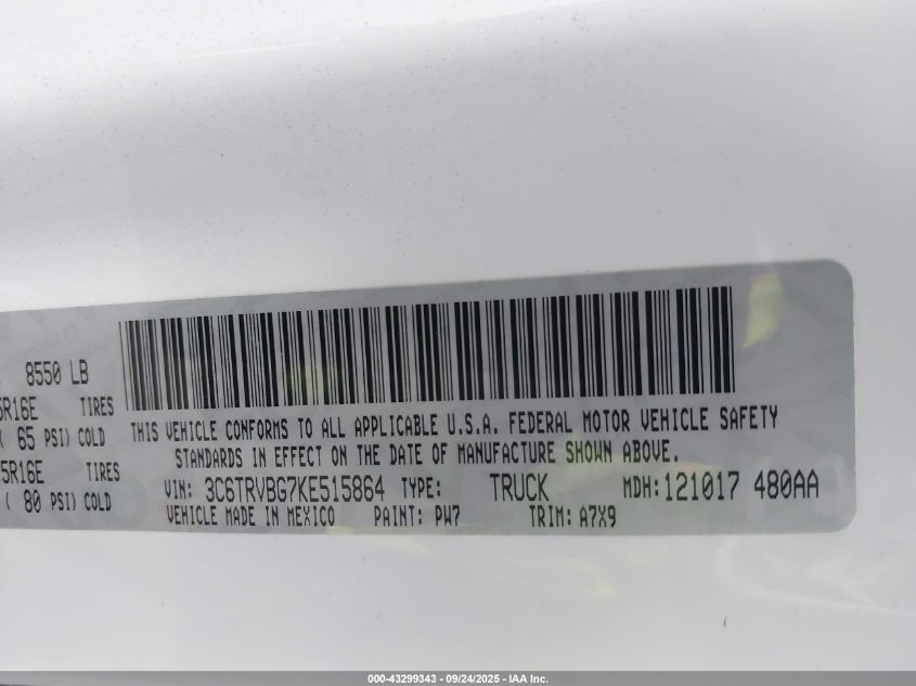 2019 Ram Promaster 1500 High Roof 136 Wb VIN: 3C6TRVBG7KE515864 Lot: 43299343