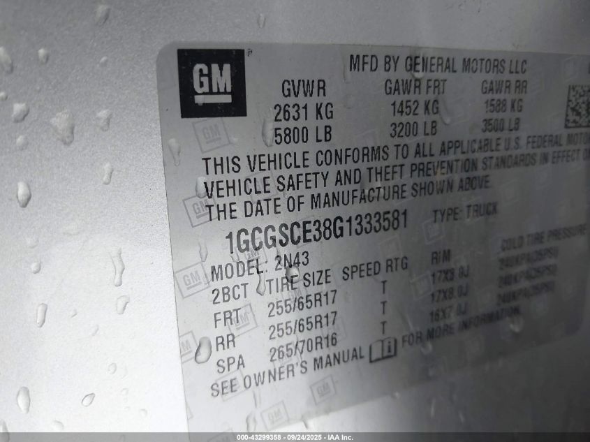 2016 Chevrolet Colorado Lt VIN: 1GCGSCE38G1333581 Lot: 43299358