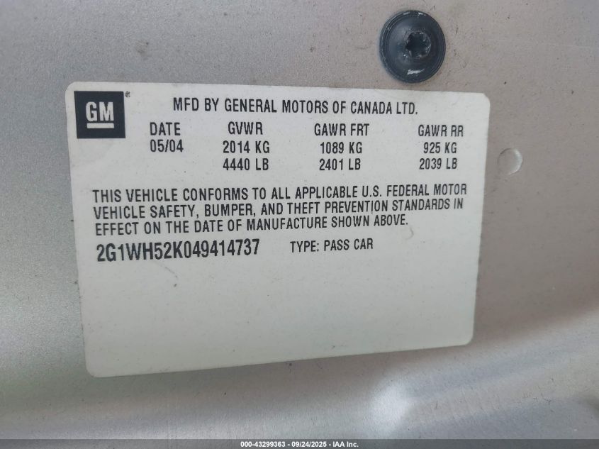 2004 Chevrolet Impala Ls VIN: 2G1WH52K049414737 Lot: 43299363