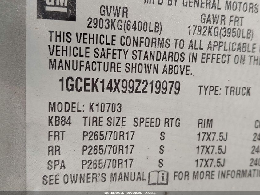 2009 Chevrolet Silverado 1500 Work Truck VIN: 1GCEK14X99Z219979 Lot: 43299365