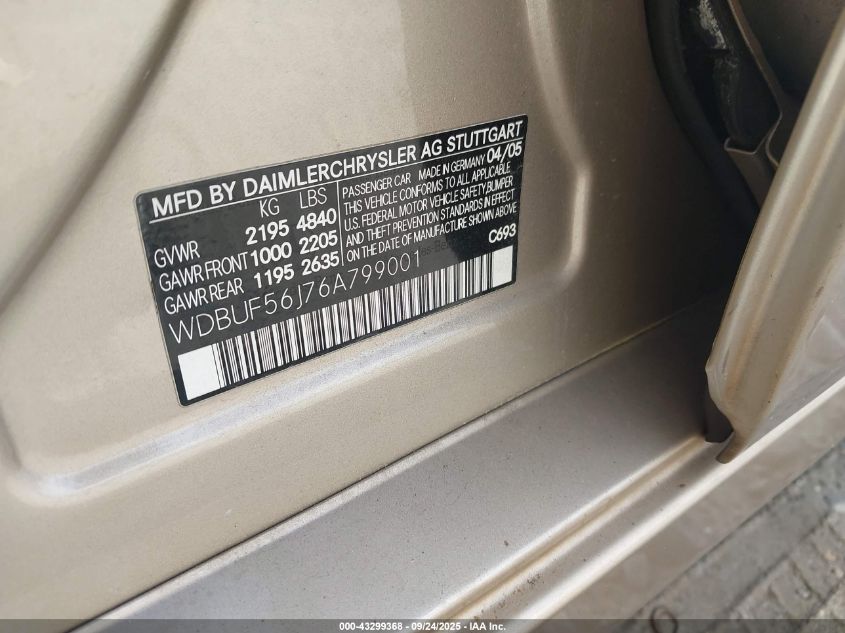 2006 Mercedes-Benz E 350 VIN: WDBUF56J76A799001 Lot: 43299368