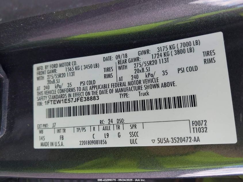 2018 Ford F-150 Xlt VIN: 1FTEW1E57JFE38883 Lot: 43299375