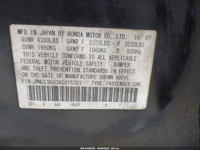 2008 Acura Tsx VIN: JH4CL96838C015381 Lot: 43299393