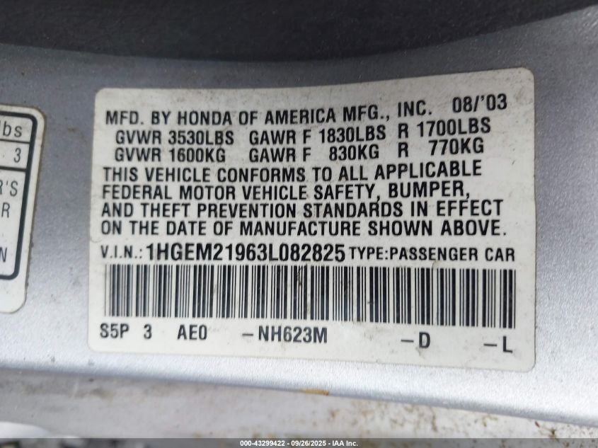 2003 Honda Civic Ex VIN: 1HGEM21963L082825 Lot: 43299422