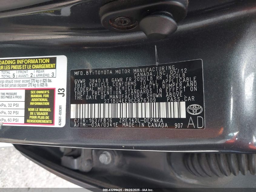 2012 Toyota Corolla Le VIN: 2T1BU4EE9CC876309 Lot: 43299425