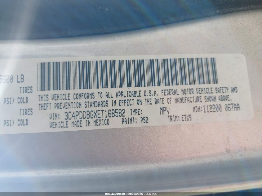 2014 Dodge Journey Sxt VIN: 3C4PDDBGXET168582 Lot: 43299430