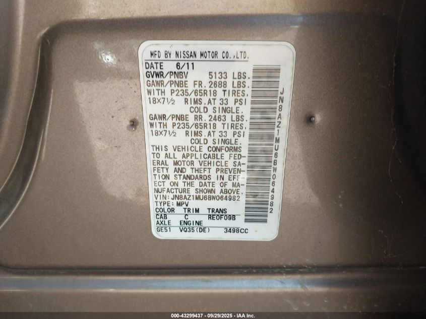 2011 Nissan Murano Sl VIN: JN8AZ1MU6BW064982 Lot: 43299437