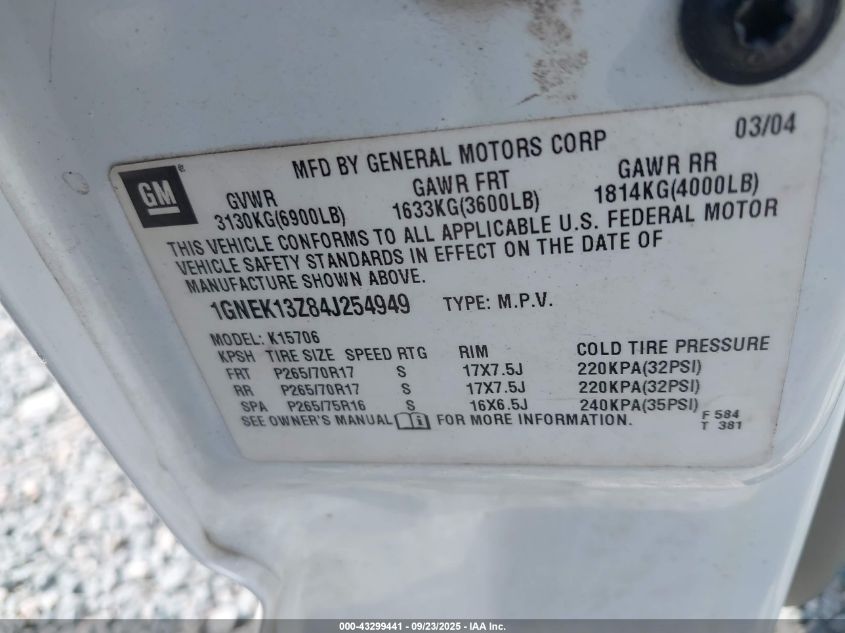 2004 Chevrolet Tahoe Lt VIN: 1GNEK13Z84J254949 Lot: 43299441