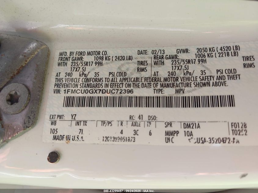 2013 Ford Escape Se VIN: 1FMCU0GX7DUC72396 Lot: 43299457