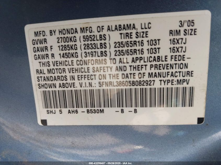 2005 Honda Odyssey Ex-L VIN: 5FNRL38605B082927 Lot: 43299487