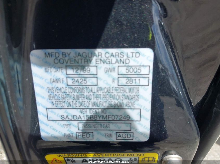 2000 Jaguar Xjr VIN: SAJDA15B8YMF07249 Lot: 43299492