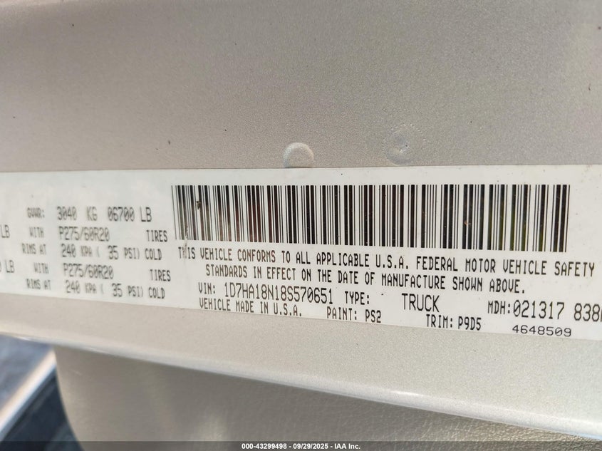 2008 Dodge Ram 1500 Slt VIN: 1D7HA18N18S570651 Lot: 43299498