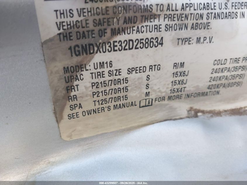 2002 Chevrolet Venture Plus VIN: 1GNDX03E32D258634 Lot: 43299507