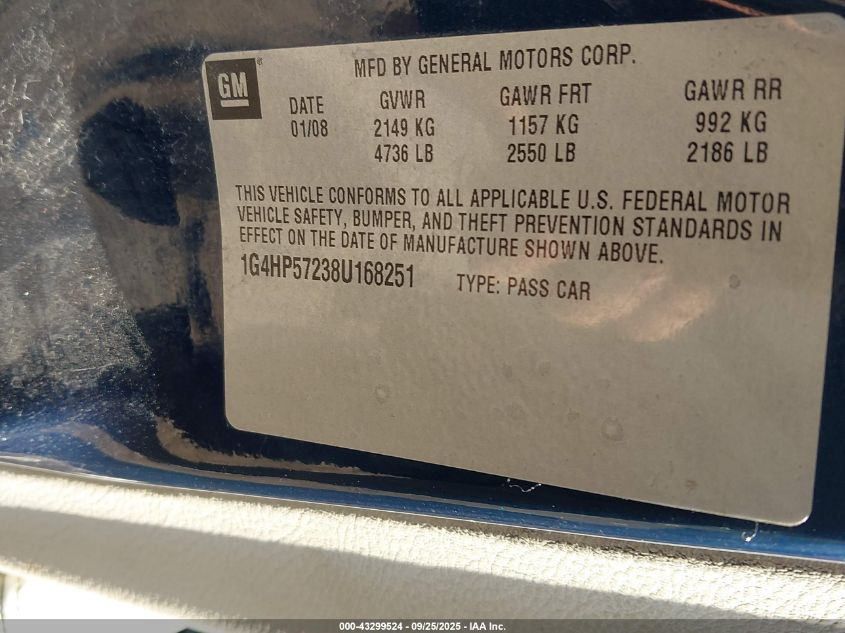 2008 Buick Lucerne Cx VIN: 1G4HP57238U168251 Lot: 43299524