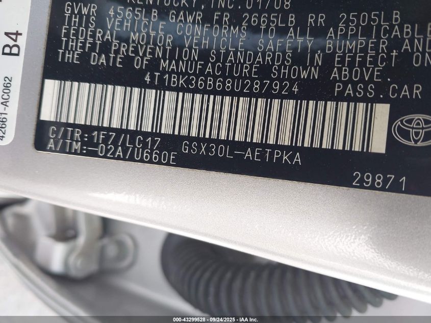 2008 Toyota Avalon Limited VIN: 4T1BK36B68U287924 Lot: 43299528