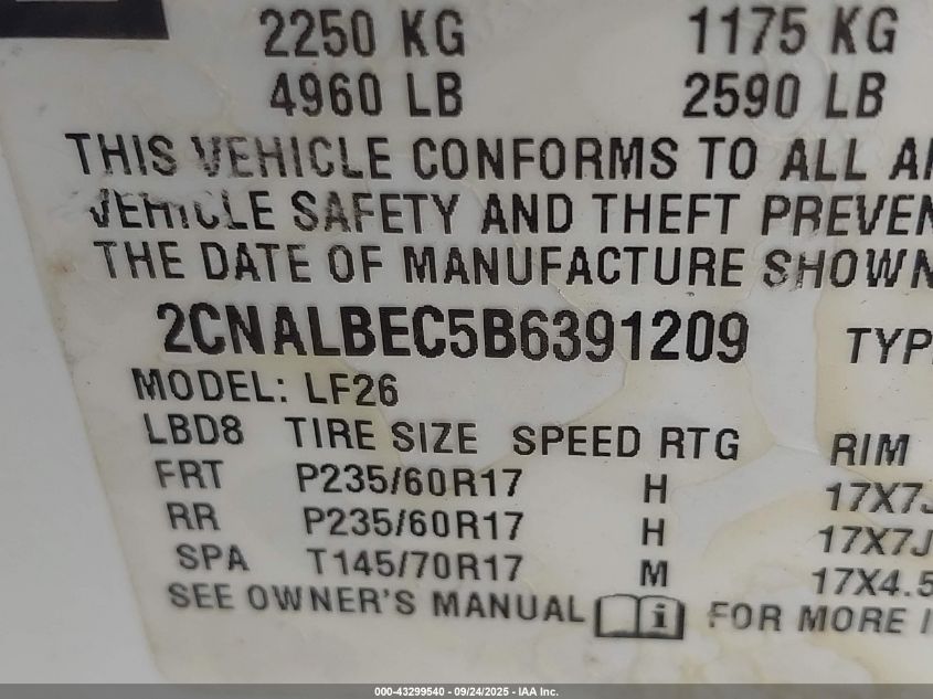 2011 Chevrolet Equinox Ls VIN: 2CNALBEC5B6391209 Lot: 43299540