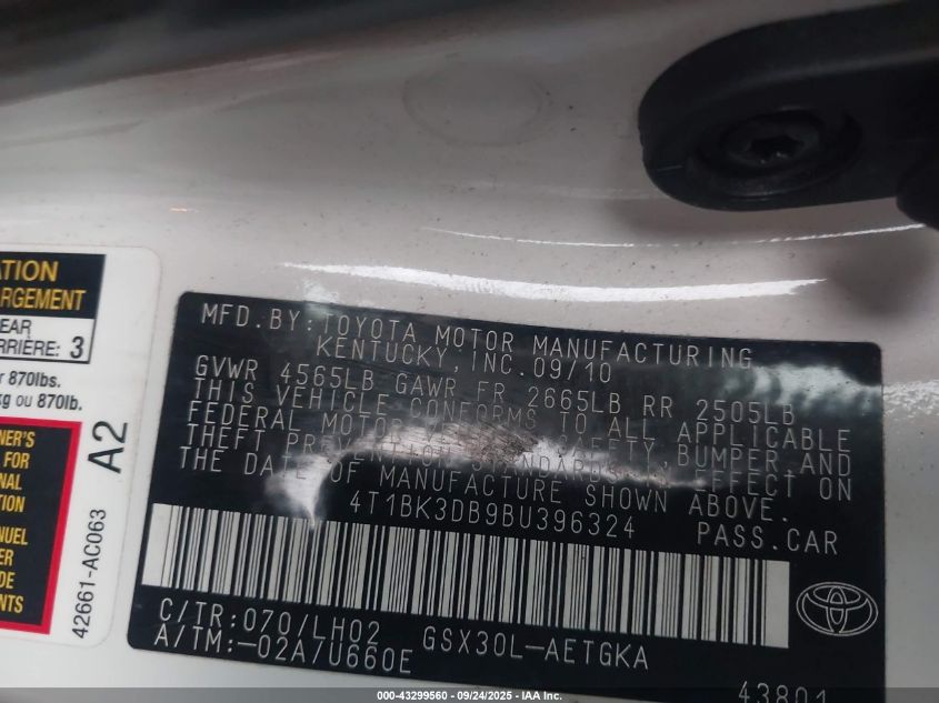 2011 Toyota Avalon VIN: 4T1BK3DB9BU396324 Lot: 43299560