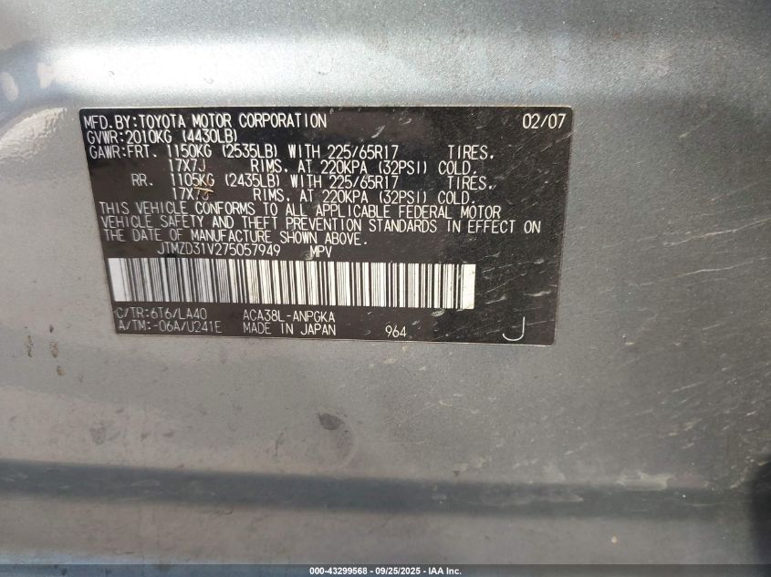 2007 Toyota Rav4 Limited VIN: JTMZD31V275057949 Lot: 43299568