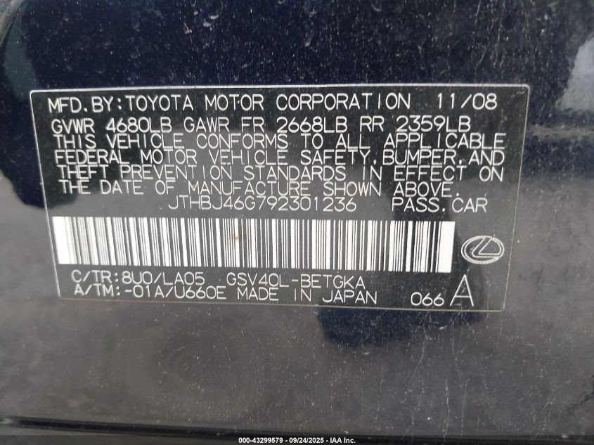 2009 Lexus Es 350 VIN: JTHBJ46G792301236 Lot: 43299579