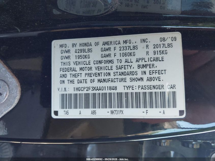 2010 Honda Accord 2.4 Lx VIN: 1HGCP2F3XAA011848 Lot: 43299592