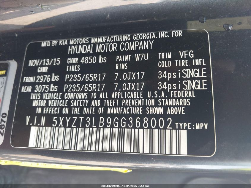 2016 Hyundai Santa Fe Sport 2.4L VIN: 5XYZT3LB9GG368002 Lot: 43299595