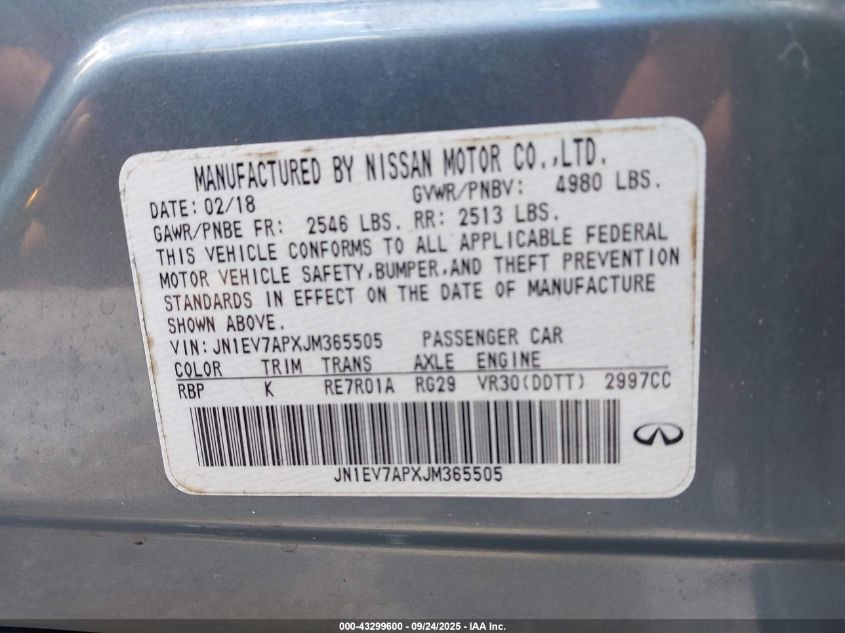 2018 Infiniti Q50 3.0T Luxe VIN: JN1EV7APXJM365505 Lot: 43299600