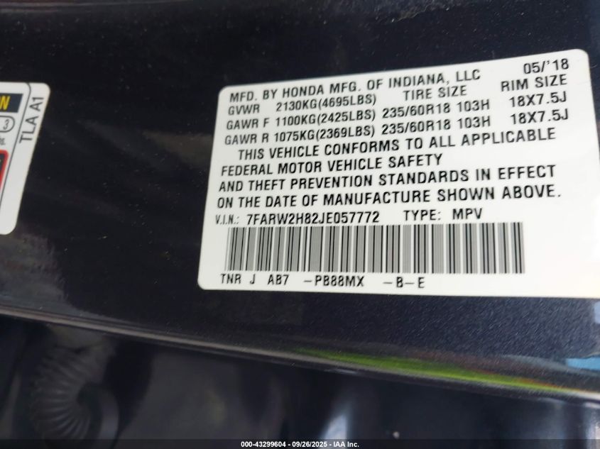 2018 Honda Cr-V Ex-L/Ex-L Navi VIN: 7FARW2H82JE057772 Lot: 43299604