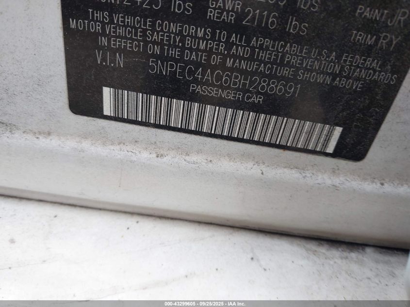 2011 Hyundai Sonata Se VIN: 5NPEC4AC6BH288691 Lot: 43299605