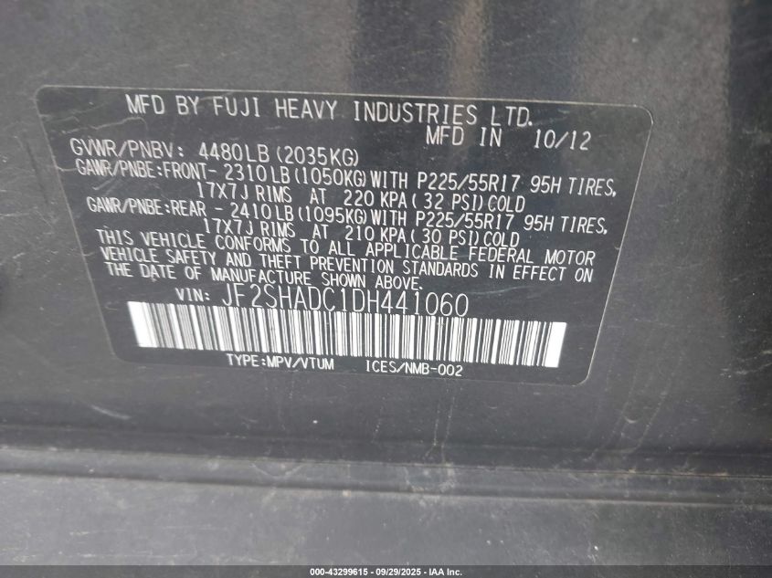 2013 Subaru Forester 2.5X Premium VIN: JF2SHADC1DH441060 Lot: 43299615