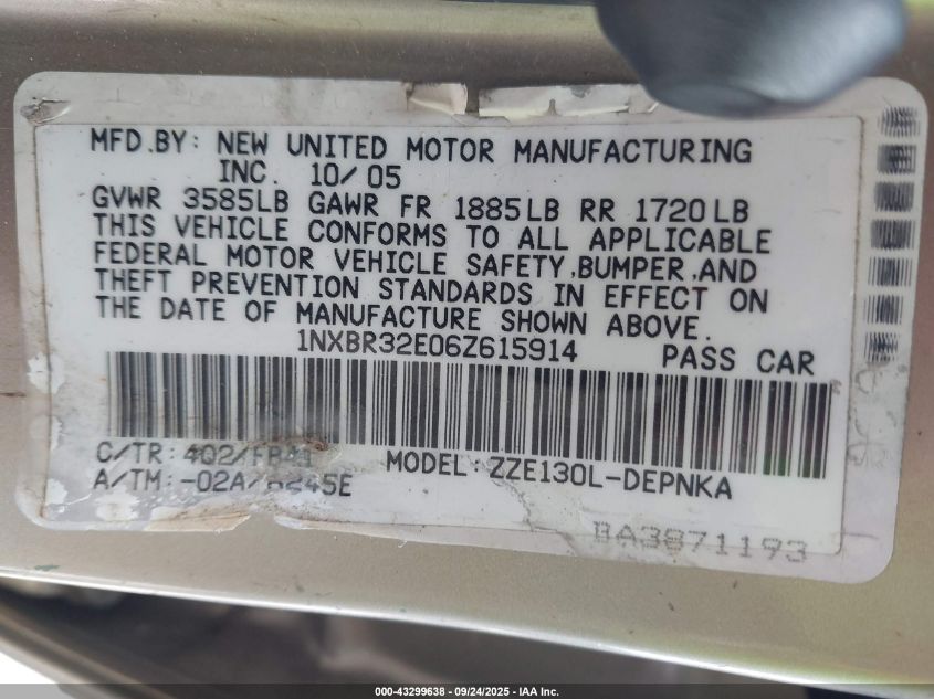 2006 Toyota Corolla Le VIN: 1NXBR32E06Z615914 Lot: 43299638