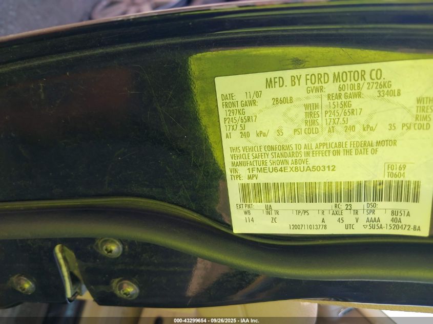 2008 Ford Explorer Eddie Bauer VIN: 1FMEU64EX8UA50312 Lot: 43299654