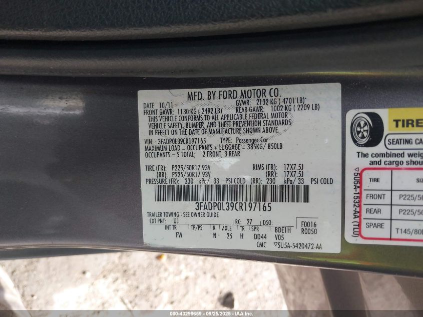 2012 Ford Fusion Hybrid VIN: 3FADP0L39CR197165 Lot: 43299659