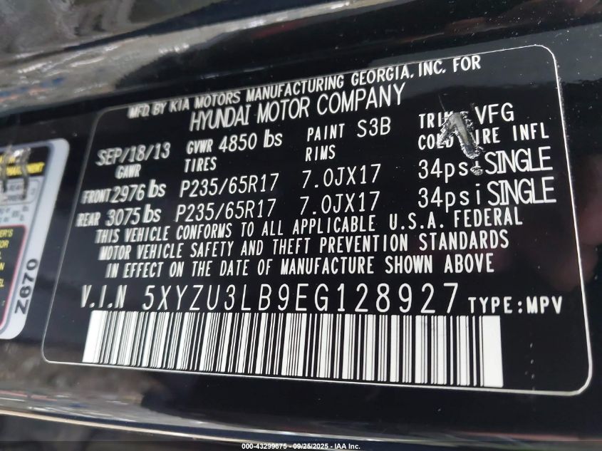 2014 Hyundai Santa Fe Sport 2.4L VIN: 5XYZU3LB9EG128927 Lot: 43299675