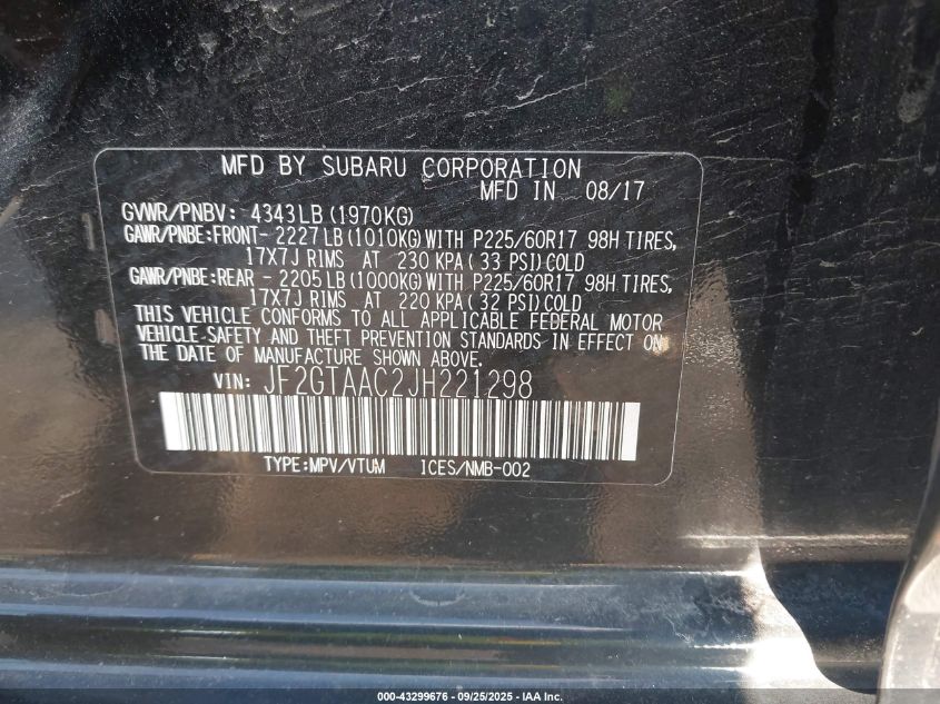 2018 Subaru Crosstrek 2.0I VIN: JF2GTAAC2JH221298 Lot: 43299676