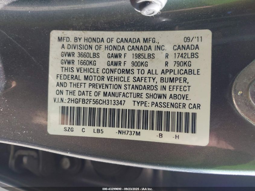 2012 Honda Civic Lx VIN: 2HGFB2F56CH313347 Lot: 43299690