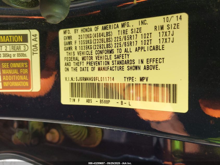 2015 Honda Cr-V Ex VIN: 5J6RM4H59FL011714 Lot: 43299697